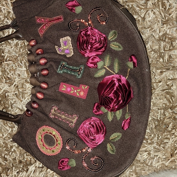 Oilily Embroidery Brown with Multi Fabric Satchel 15"Lx 3"W x10"H - Picture 6 of 6